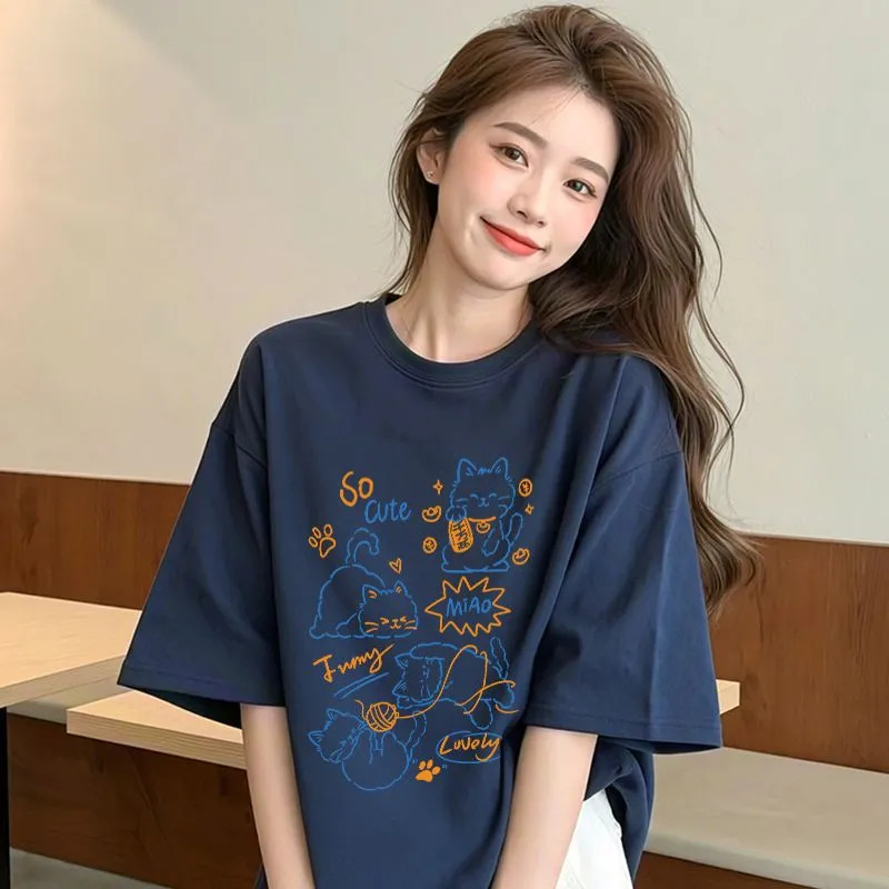 Ženski T-shirt s kratkim rukavima od 100% pamuka, ljeto, Hongkong inspiriran stil, opuštenog kroja, jednostavan i svestran top