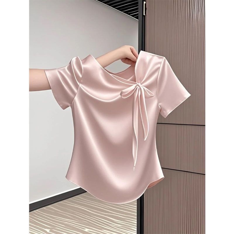 Ženski ljetni T‑shirt u kineskom stilu, kratki rukav, dizajn s mašnicom i trakama, laskav kroj, svestran gornji dio