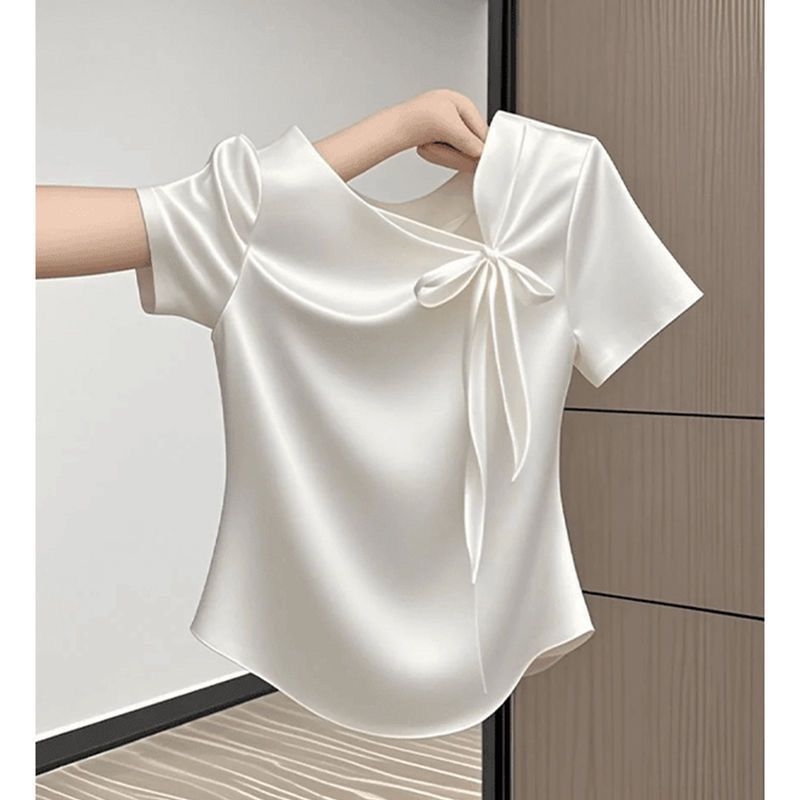 Ženski ljetni T‑shirt u kineskom stilu, kratki rukav, dizajn s mašnicom i trakama, laskav kroj, svestran gornji dio