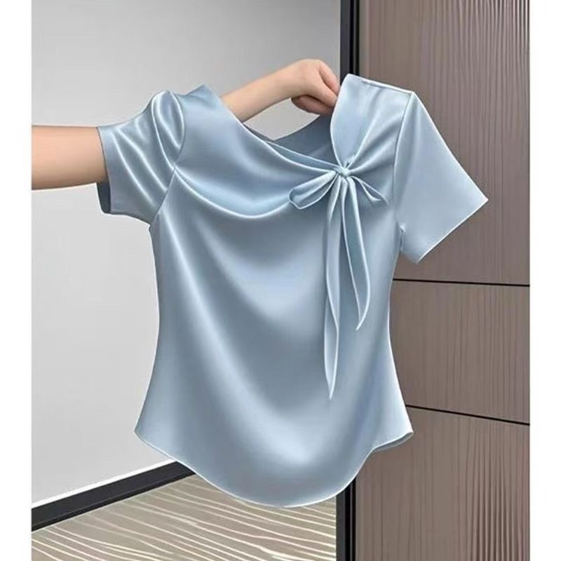 Ženski ljetni T‑shirt u kineskom stilu, kratki rukav, dizajn s mašnicom i trakama, laskav kroj, svestran gornji dio