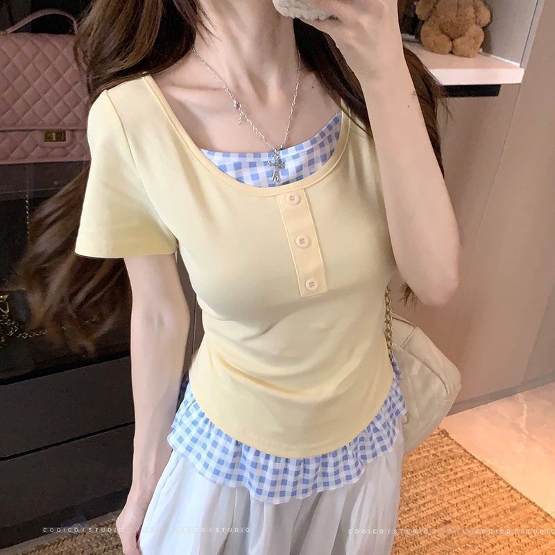 Majica za žene plus veličine s patchwork kariranim uzorkom, lažni dvodijelni izgled, široka silueta, ljetni top