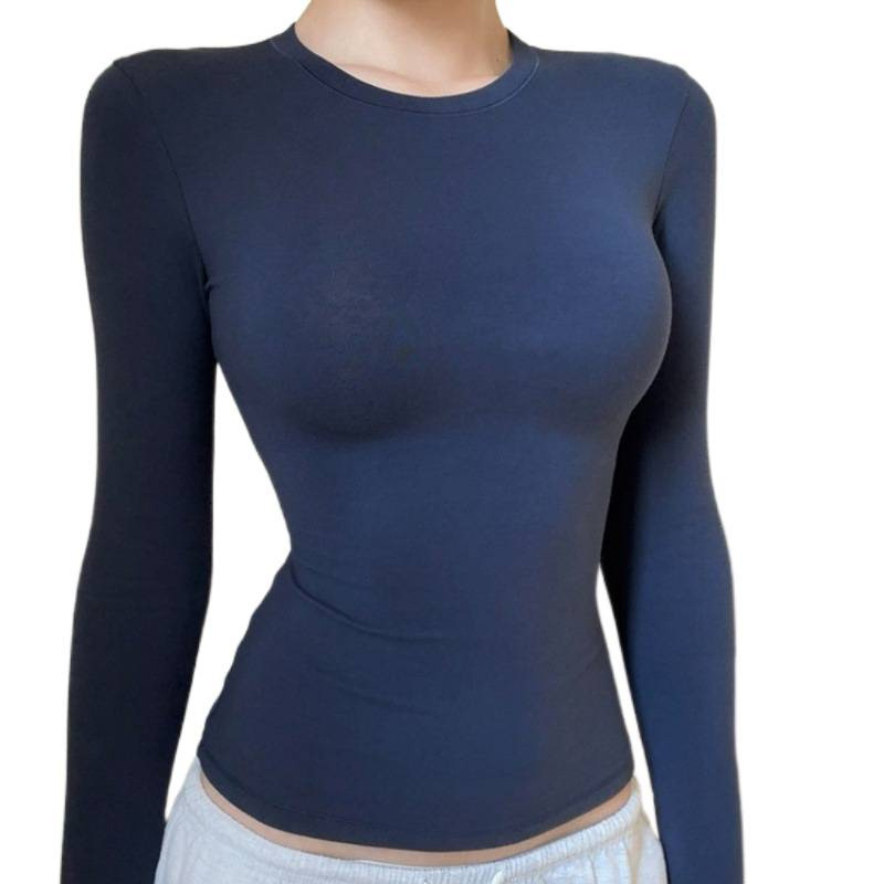 Ženska tamnoplava pamučna majica s dugim rukavima, slim fit, bazni sloj, okrugli izrez, casual stil