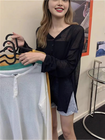 Plus veličine ženski ljetni T‑shirt s okruglim izrezom, dugim rukavima, od ice silk, zaštita od sunca, slobodan kroj, čipkasti prozračni uzorak, korejski stil