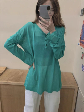 Plus veličine ženski ljetni T‑shirt s okruglim izrezom, dugim rukavima, od ice silk, zaštita od sunca, slobodan kroj, čipkasti prozračni uzorak, korejski stil