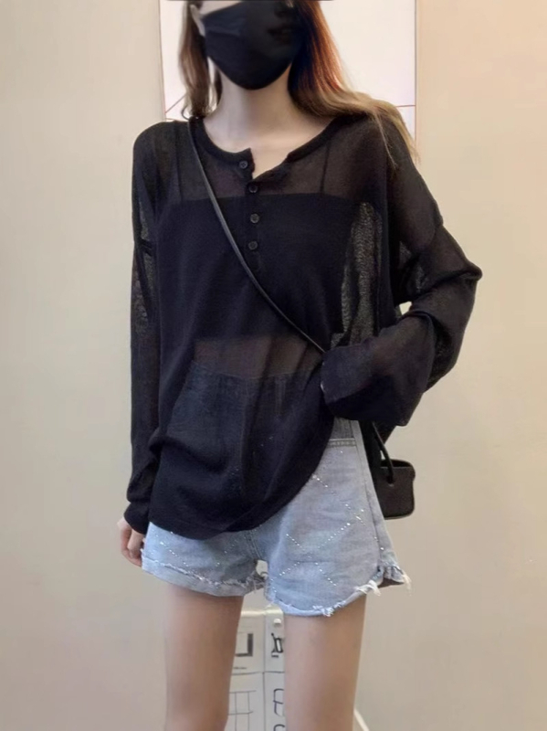 Plus veličine ženski ljetni T‑shirt s okruglim izrezom, dugim rukavima, od ice silk, zaštita od sunca, slobodan kroj, čipkasti prozračni uzorak, korejski stil