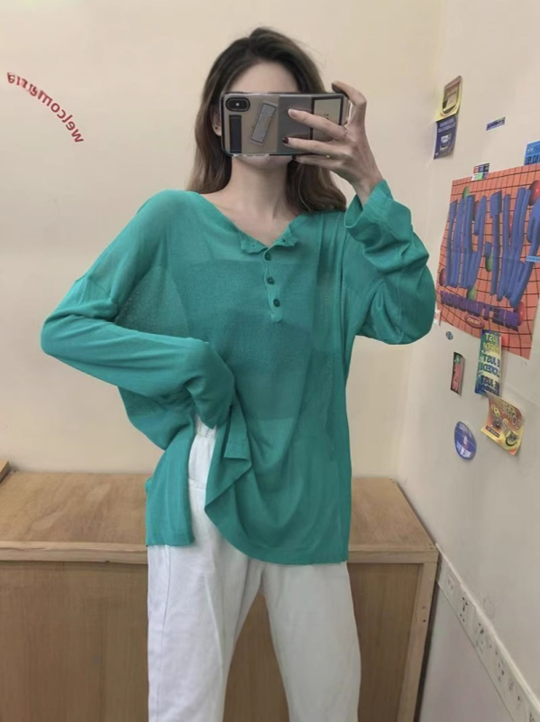 Plus veličine ženski ljetni T‑shirt s okruglim izrezom, dugim rukavima, od ice silk, zaštita od sunca, slobodan kroj, čipkasti prozračni uzorak, korejski stil