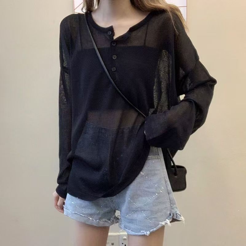Plus veličine ženski ljetni T‑shirt s okruglim izrezom, dugim rukavima, od ice silk, zaštita od sunca, slobodan kroj, čipkasti prozračni uzorak, korejski stil