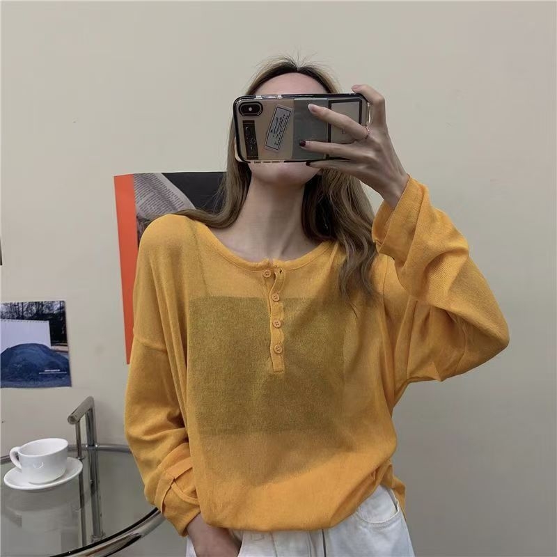 Plus veličine ženski ljetni T‑shirt s okruglim izrezom, dugim rukavima, od ice silk, zaštita od sunca, slobodan kroj, čipkasti prozračni uzorak, korejski stil