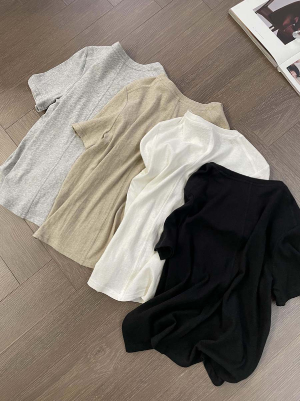 Ženski laneni T-shirt kratkih rukava, okrugli izrez, slobodan kroj, jednobojan