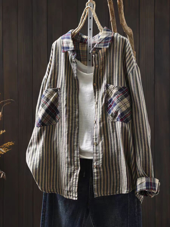 Ženska bluza s kardigan stilom od pamuka, jesen 2025, širok kroj, dugi rukav, plus veličina, retro vintage