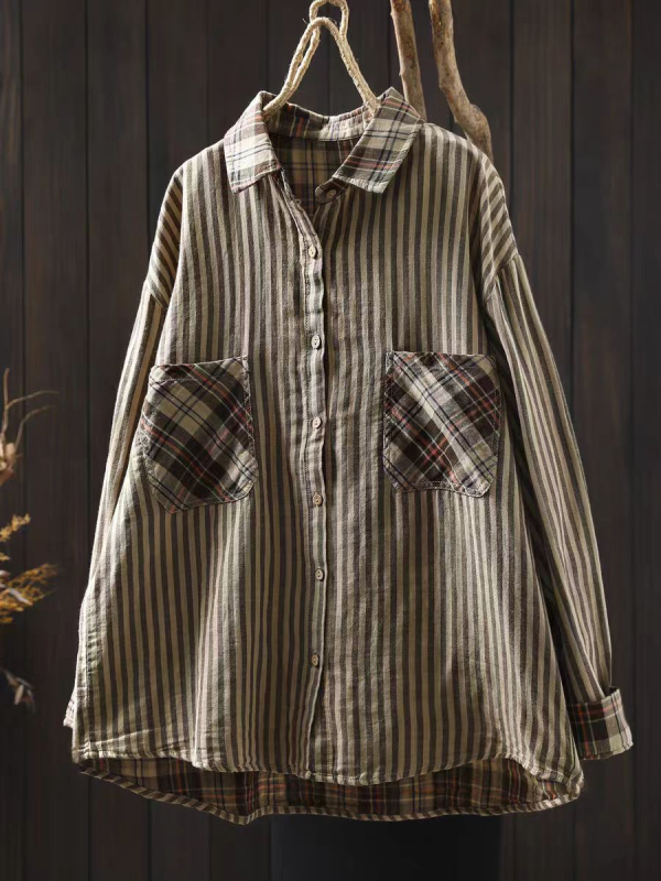 Ženska bluza s kardigan stilom od pamuka, jesen 2025, širok kroj, dugi rukav, plus veličina, retro vintage