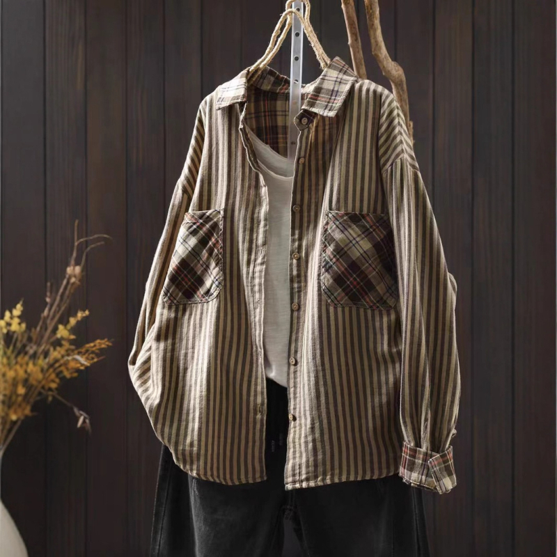 Ženska bluza s kardigan stilom od pamuka, jesen 2025, širok kroj, dugi rukav, plus veličina, retro vintage