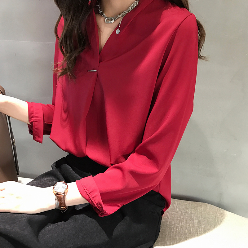 Ženska bluza s V-izrezom, dugi rukavi, korejski stil, jednobojni osnovni top za svakodnevno nošenje, elegantan stil 2024