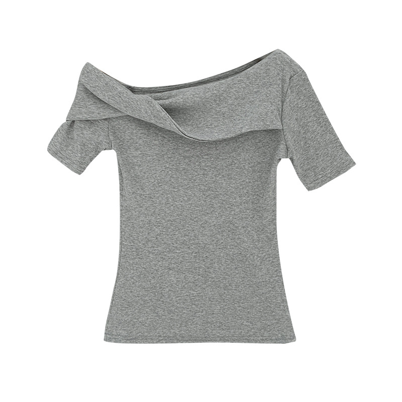 Ženski T-shirt s otvorenim ramenima, kratki rukavi, patchwork dizajn, uska kroj, jednobojna boja, ljeto 2025.