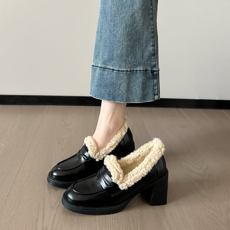 Ženske loaferice s postavljenom ovčjom vunom, tople za jesen i zimu, visoki debeli pet, britski stil kožne cipele
