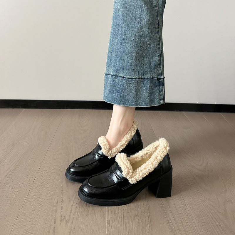 Ženske loaferice s postavljenom ovčjom vunom, tople za jesen i zimu, visoki debeli pet, britski stil kožne cipele