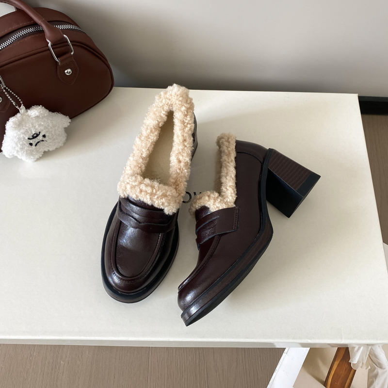 Ženske loaferice s postavljenom ovčjom vunom, tople za jesen i zimu, visoki debeli pet, britski stil kožne cipele