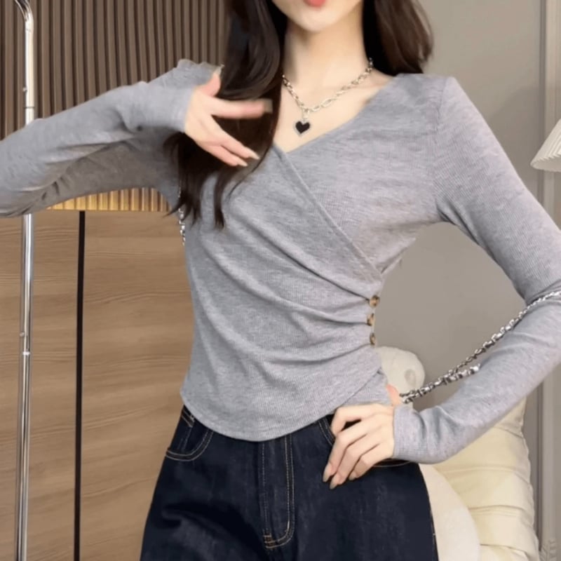 Ženski T‑shirt s V‑izrezom, slim-fit, dugi rukavi, jedinstvena boja, poliester, jesen 2024