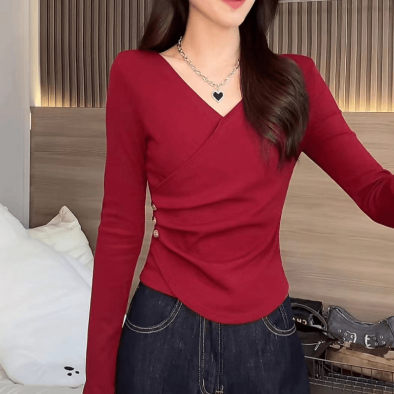 Ženski T‑shirt s V‑izrezom, slim-fit, dugi rukavi, jedinstvena boja, poliester, jesen 2024