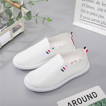 Ženske bijele tenisice od PU kože - prozračne, svakodnevne slip-on loafers s ravnom potplatom