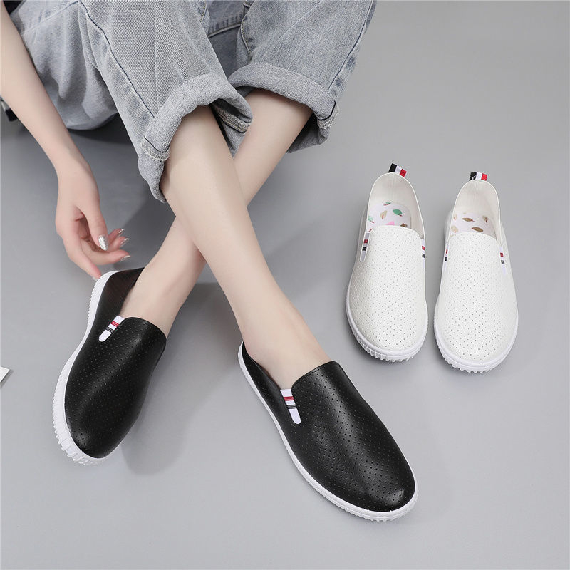 Ženske bijele tenisice od PU kože - prozračne, svakodnevne slip-on loafers s ravnom potplatom