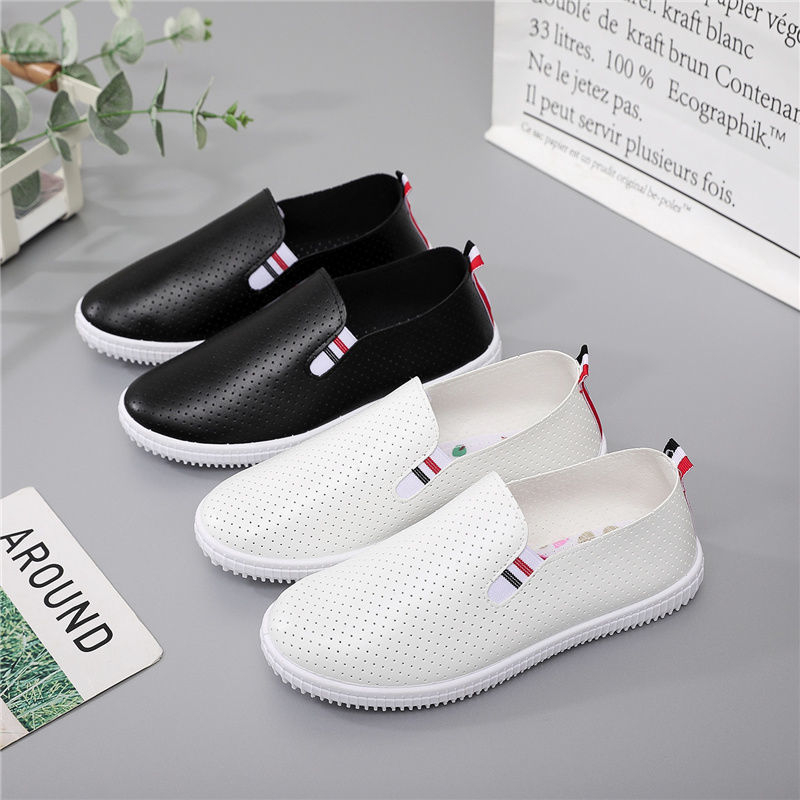 Ženske bijele tenisice od PU kože - prozračne, svakodnevne slip-on loafers s ravnom potplatom