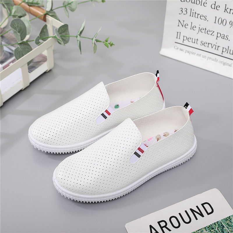 Ženske bijele tenisice od PU kože - prozračne, svakodnevne slip-on loafers s ravnom potplatom