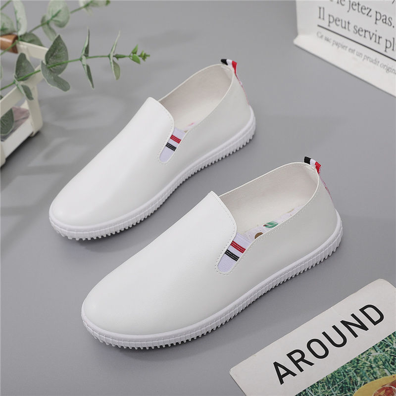 Ženske bijele tenisice od PU kože - prozračne, svakodnevne slip-on loafers s ravnom potplatom
