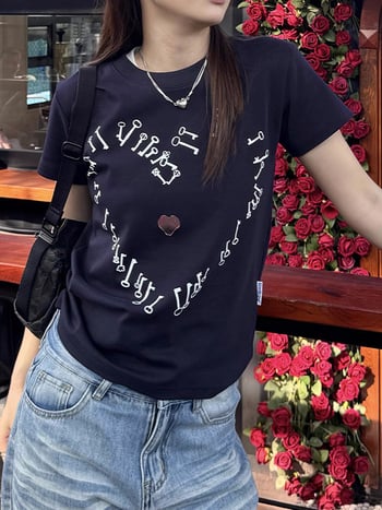 Ženski kratki T‑shirt s otiskom srca u američkom retro ulicnom stilu, uski kroj, za proljeće i ljeto