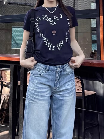 Ženski kratki T‑shirt s otiskom srca u američkom retro ulicnom stilu, uski kroj, za proljeće i ljeto