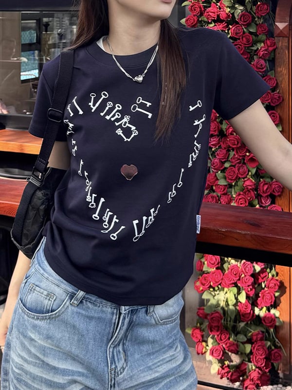 Ženski kratki T‑shirt s otiskom srca u američkom retro ulicnom stilu, uski kroj, za proljeće i ljeto