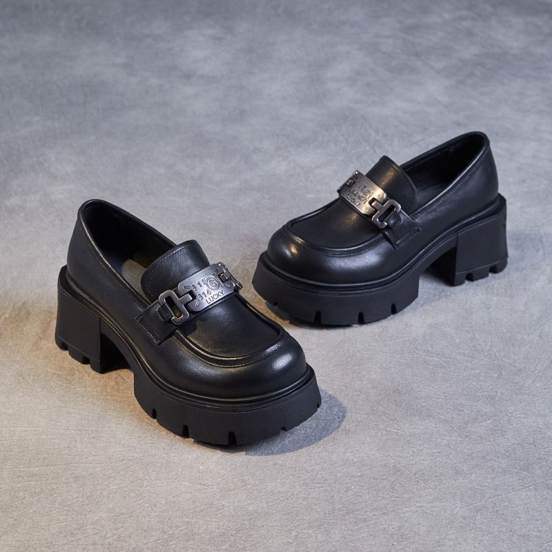 Ženske loaferice s debelim potplatom za povećanje visine, jesen 2025, francuski stil, britanska metalna kopča, ravne cipele
