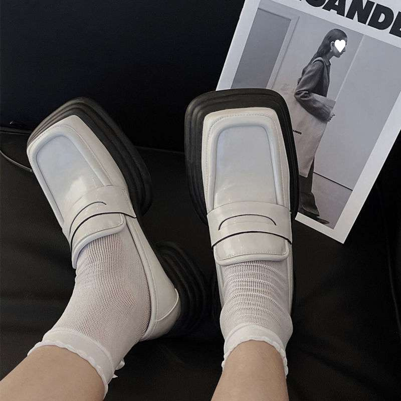 Ženske kožne loaferice s četvrtastim vrhom, platforma s debelom potplatom, ljeto 2025, srednji visoki potpetica, slip-on, japanski i britanski stil