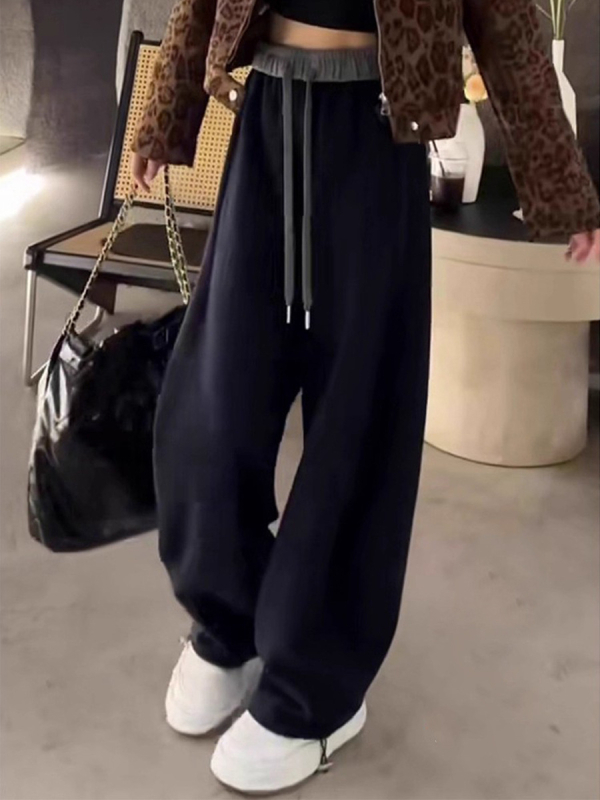 Ženske hlače s fleece podstavom, debele široke hlače za jesen-zimu, udoban casual trenirka hlače s elastičnim strukom, visok struk, laskav kroj, ravne nogavice