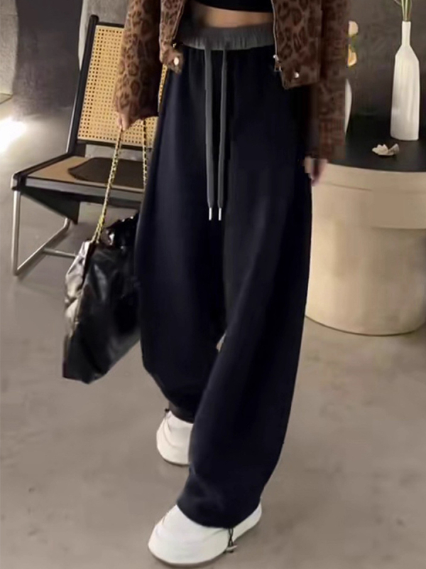 Ženske hlače s fleece podstavom, debele široke hlače za jesen-zimu, udoban casual trenirka hlače s elastičnim strukom, visok struk, laskav kroj, ravne nogavice