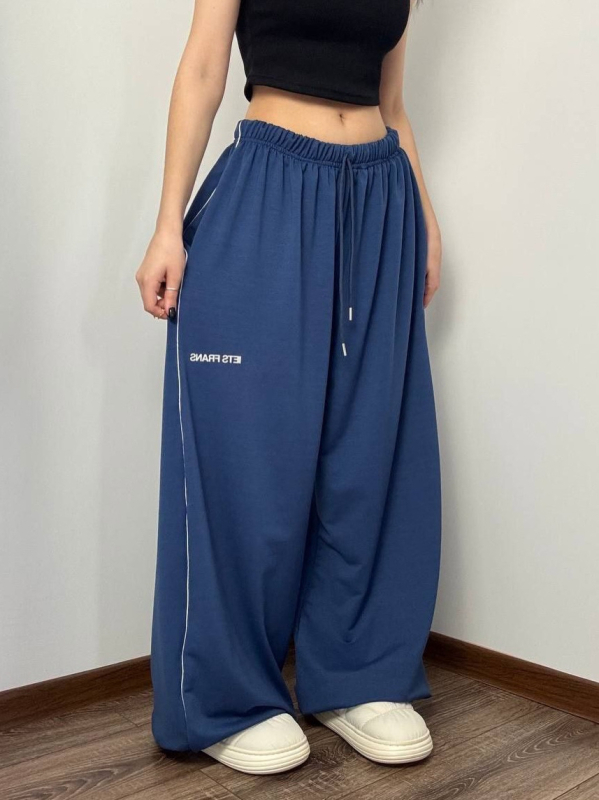 Ženske hlače u američkom stilu, široke i opuštene, visokim strukom, vezivanje špage, pokrivaju bokove, svakodnevni streetwear, do poda