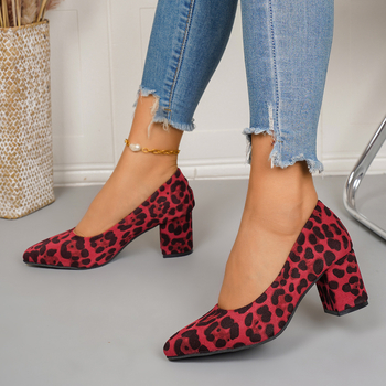 Ženske cipele s leopard printom, europski stil, špičat nos, debeli potpetica, velur