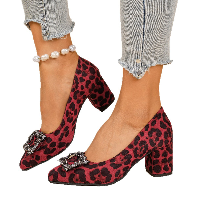 Ženske cipele s leopard printom, europski stil, špičat nos, debeli potpetica, velur