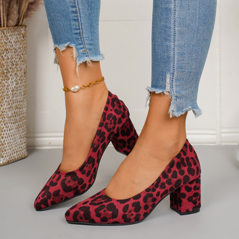 Ženske cipele s leopard printom, europski stil, špičat nos, debeli potpetica, velur