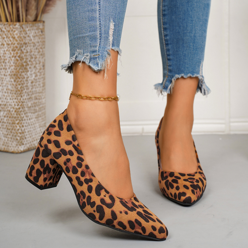 Ženske cipele s leopard printom, europski stil, špičat nos, debeli potpetica, velur