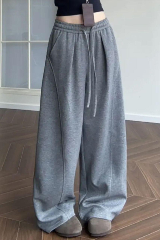 Jednobojne široke trenirke s drapiranim siluetom, široke nogavice, svestran ženski stil, vunena tkanina