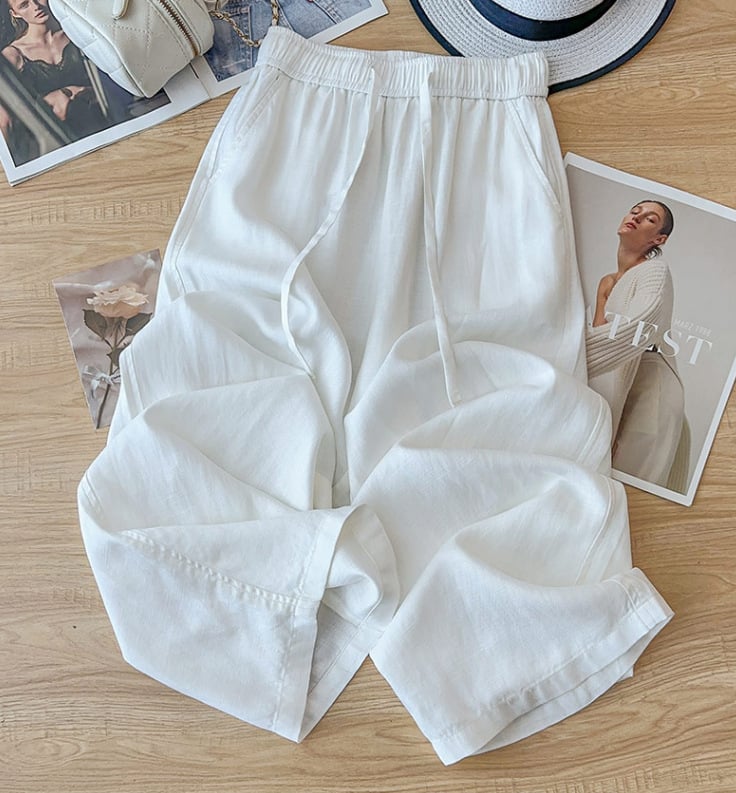 Ženske široke hlače od Tencel-lin-bavlke, visoki struk, lagani drapirani kroj, duljina 9/10