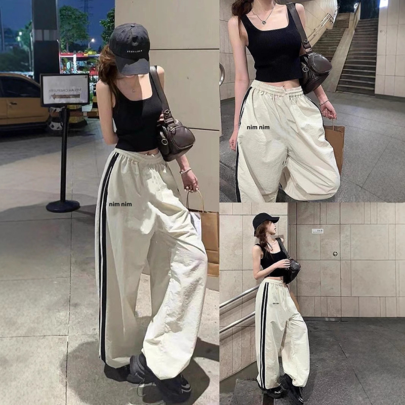 Ženske sportske hlače od ledene svile za brzo sušenje, jogger stil, lagane ljetne hlače s bočnim trakama, straight ili wide-leg kroj