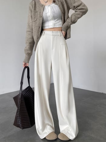 Anchen Off-White acetatna vuna ženske casual hlače, širokih nogavica, duge i ravne krojenje, elegantno drapiranje, jesen 2026