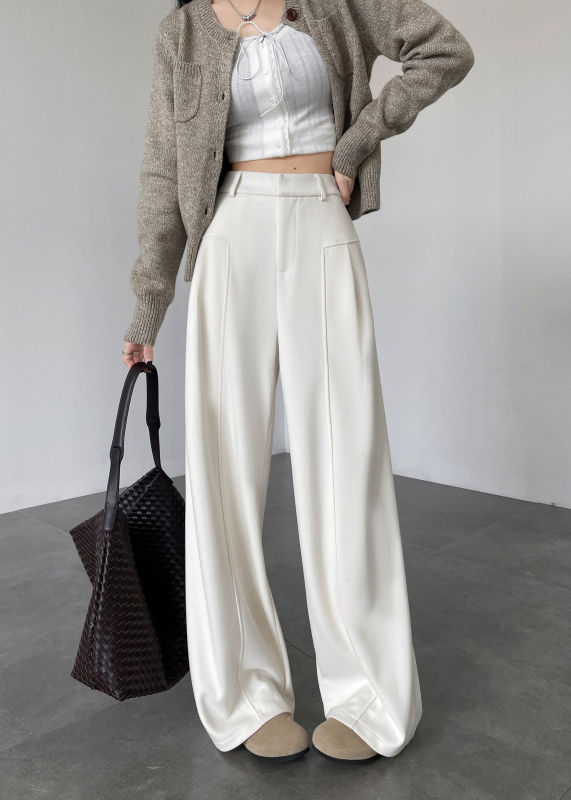 Anchen Off-White acetatna vuna ženske casual hlače, širokih nogavica, duge i ravne krojenje, elegantno drapiranje, jesen 2026