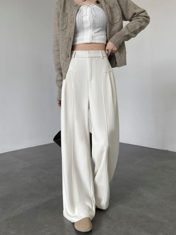 Anchen Off-White acetatna vuna ženske casual hlače, širokih nogavica, duge i ravne krojenje, elegantno drapiranje, jesen 2026