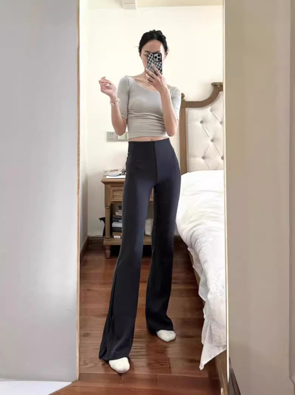 luludarling Ženske hlače s patentom i rebrastom teksturom, zvonasti kroj s prorezom, casual, visokim strukom, dugačke