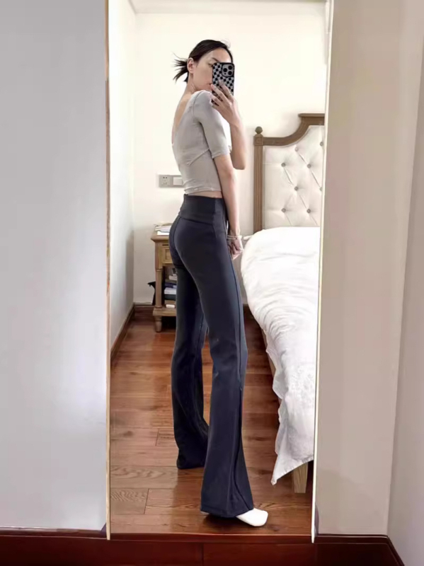 luludarling Ženske hlače s patentom i rebrastom teksturom, zvonasti kroj s prorezom, casual, visokim strukom, dugačke