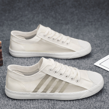 Adidași de bărbați slip-on din pânză, albi, ușori, talpă plată, cu protecție împotriva mirosului, Primăvara 2025