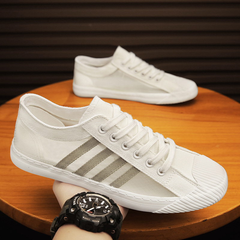 Adidași de bărbați slip-on din pânză, albi, ușori, talpă plată, cu protecție împotriva mirosului, Primăvara 2025